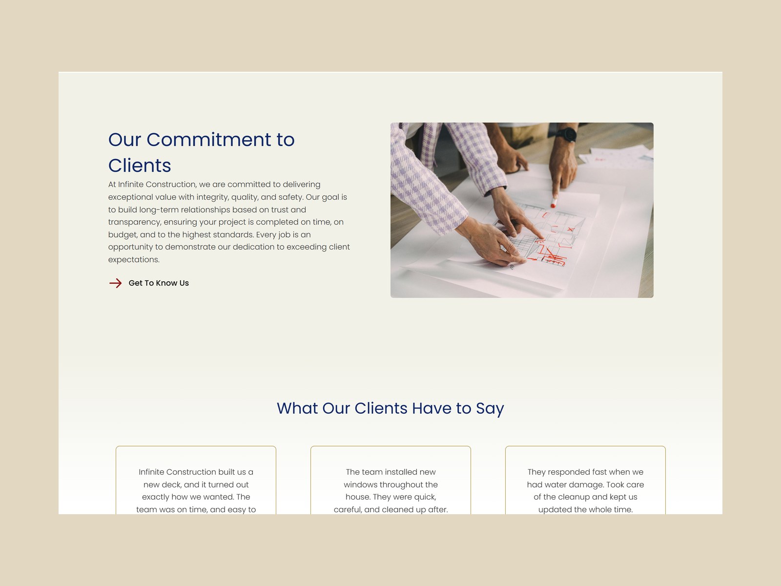 Our Commitment to Clients section above the testimonial row