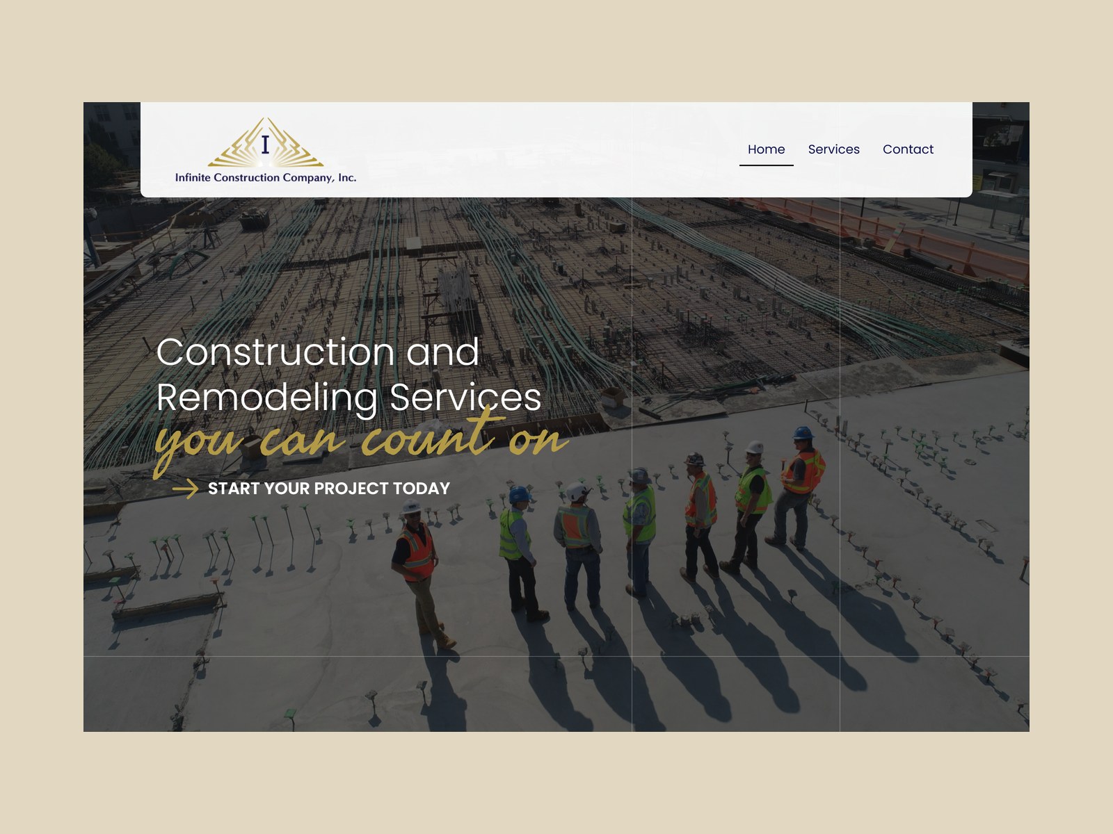 Infinite Construction homepage — job-site hero and main navigation