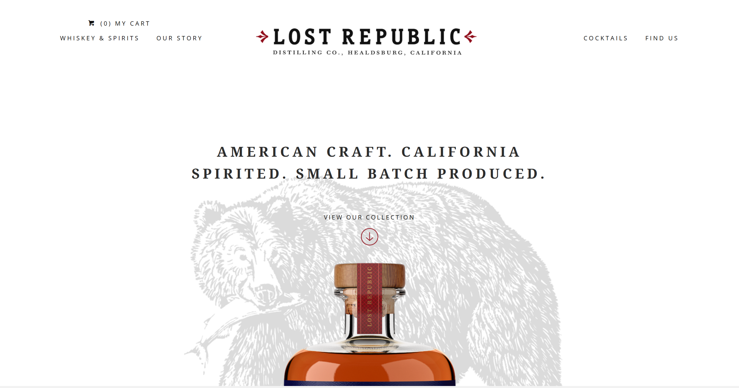 Lost Republic Distillery homepage — logo, navigation, "American Craft. California Spirited. Small Batch Produced." headline, and product bottle