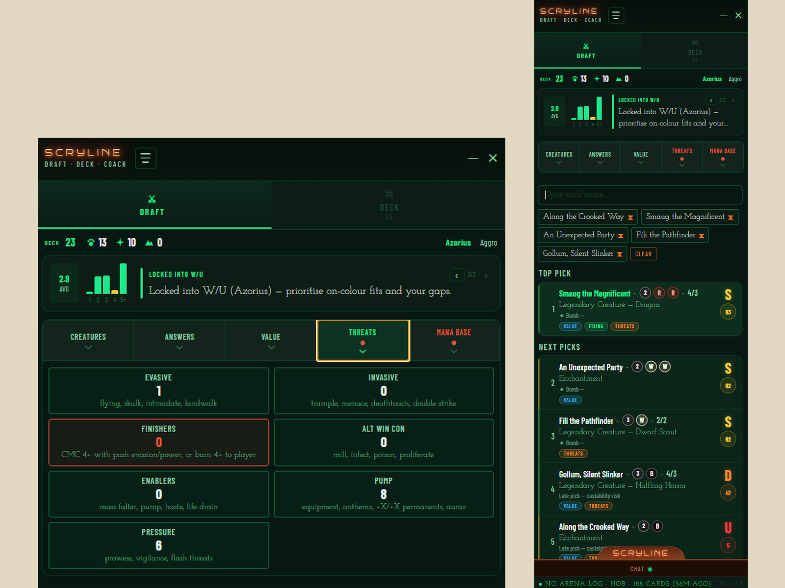 The Scryline overlay mid-draft: the threats breakdown zoomed in, and the whole window beside it with the pick order and the coach's read on the pool