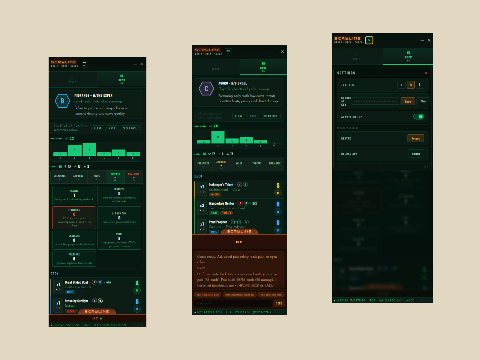 Three passes over the deck view — the threats breakdown, the coaching chat, and the settings panel
