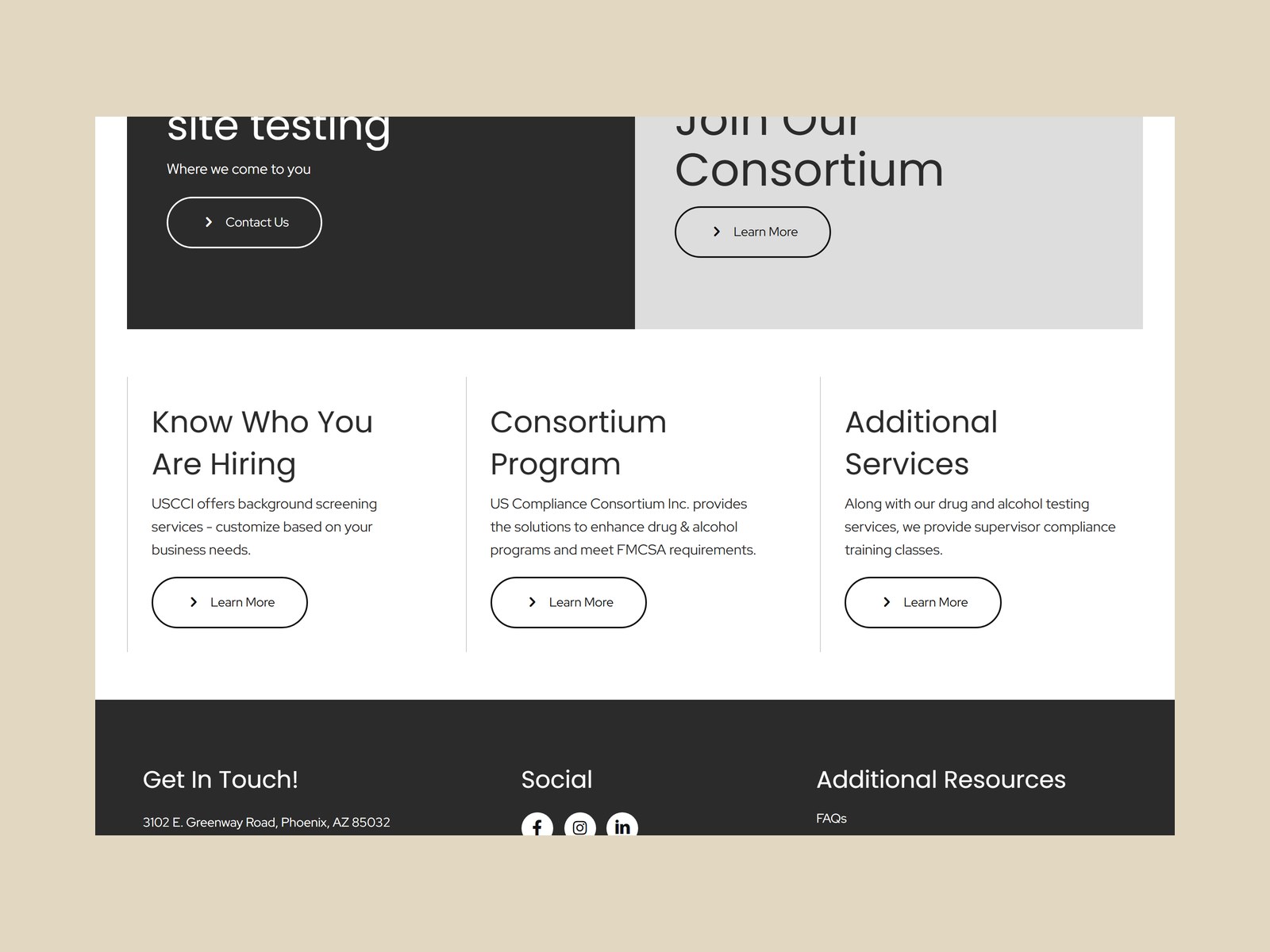 On-site testing and Join Our Consortium panels above the three service cards