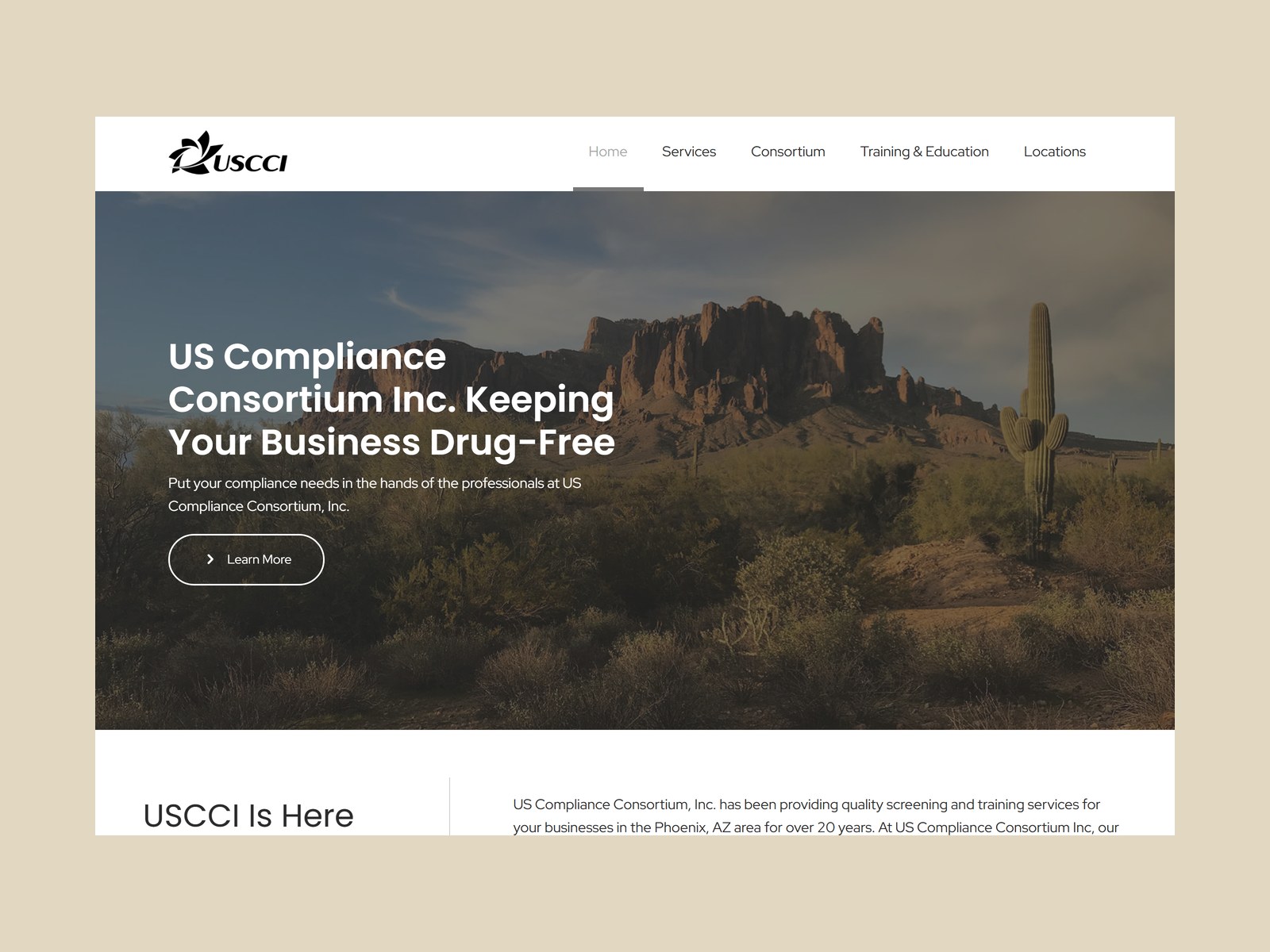 USCCI Inc. homepage — desert hero and main navigation
