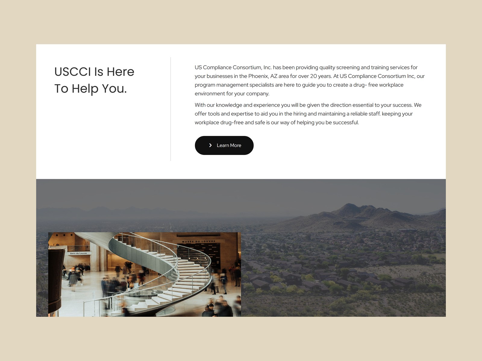 Introduction section pairing the &ldquo;USCCI Is Here To Help You&rdquo; heading with the company overview