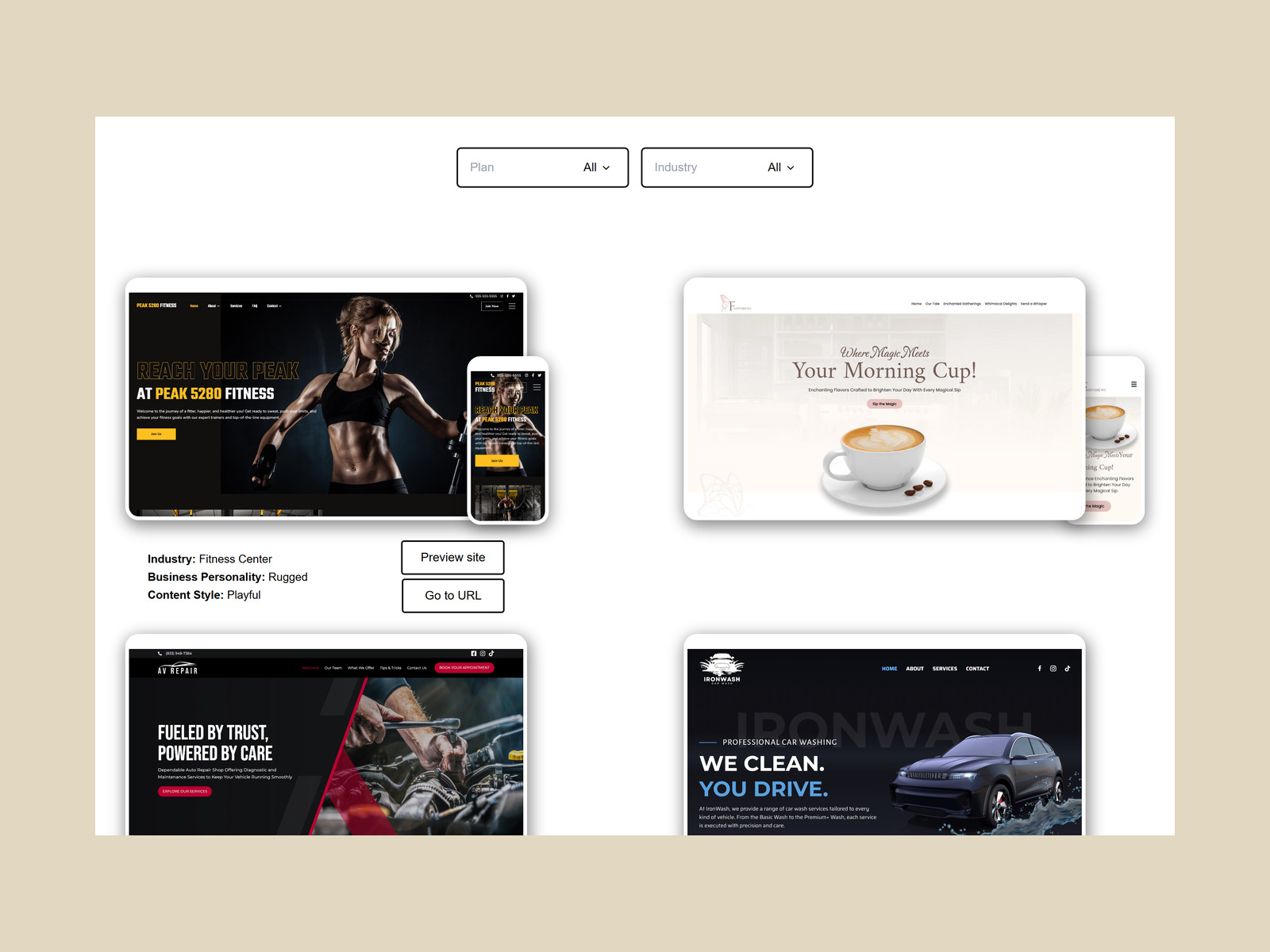 A gallery card on hover: the phone mockup slides forward over the desktop one, revealing the industry, business personality and content style tags and the Preview site and Go to URL buttons