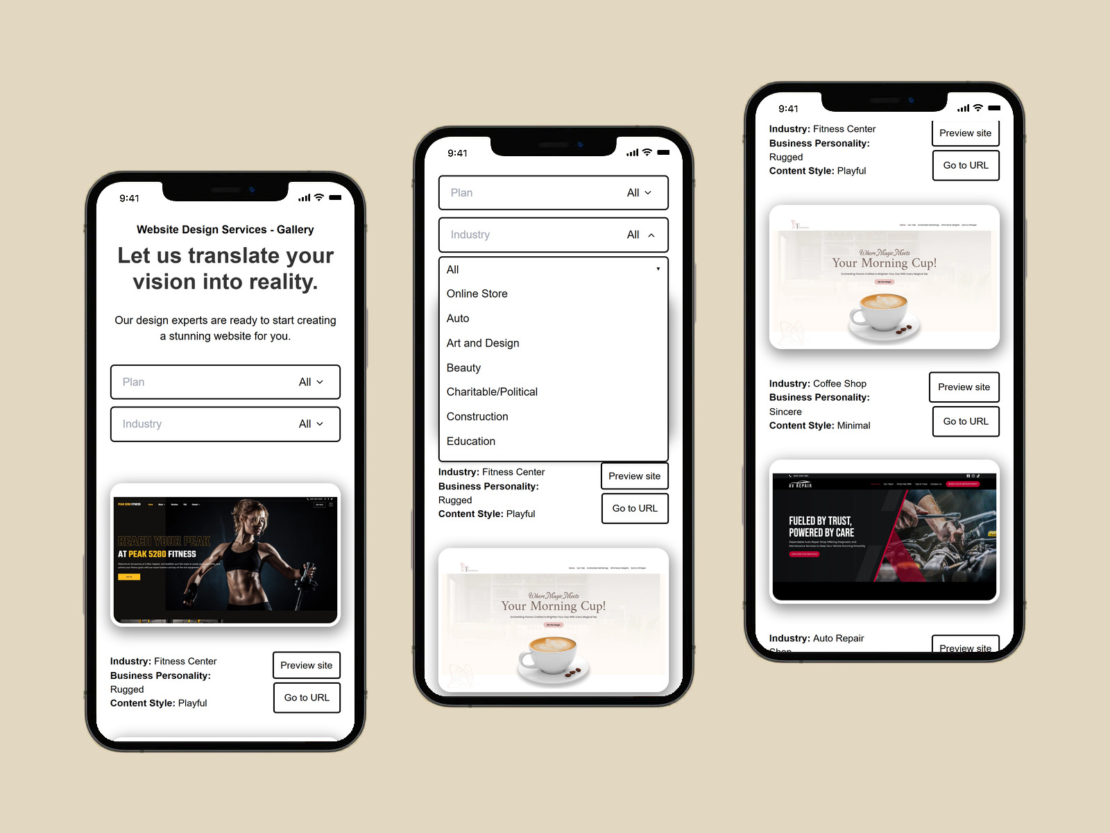 The gallery on mobile — stacked filters, single-column cards, and the tags shown outright instead of on hover