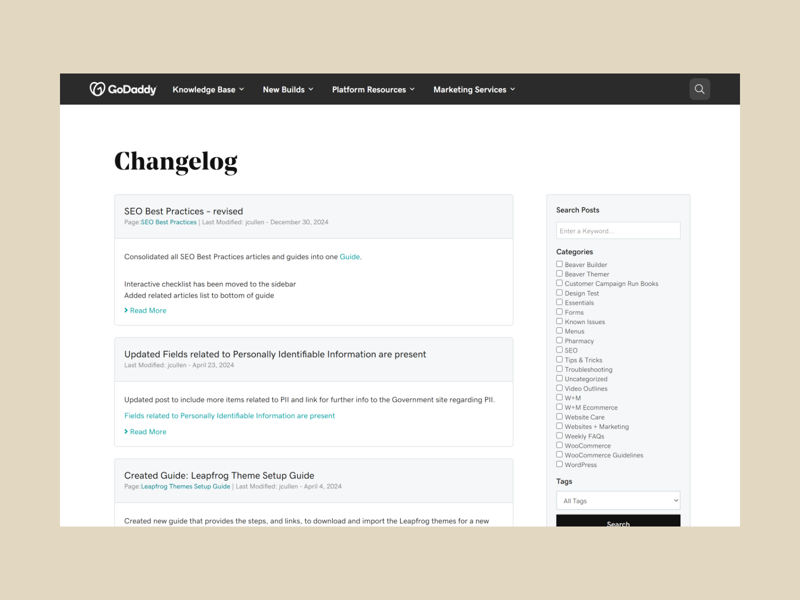 Changelog archive built on a Pods custom post type, each entry stamped with the page it documents and its last revision
