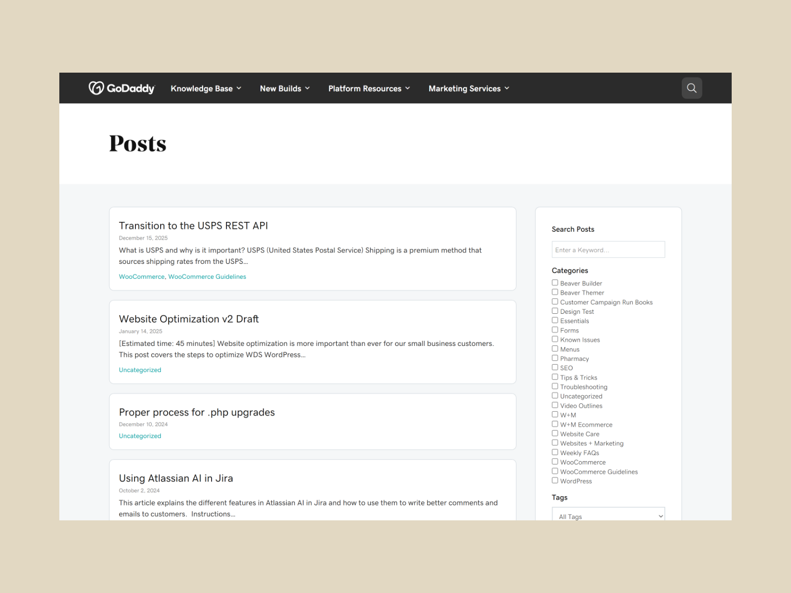Posts archive with the Search & Filter keyword box, category facets and tag select