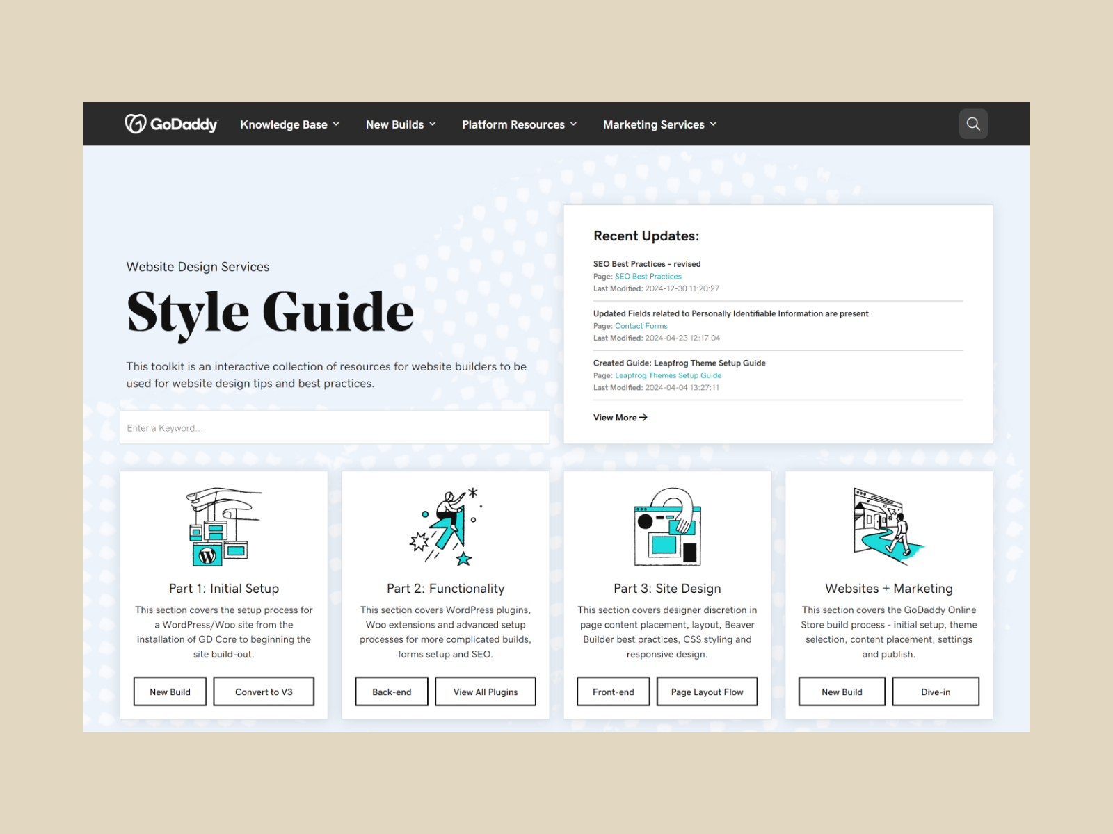 WDS Style Guide homepage — hero, keyword search and the four build sections