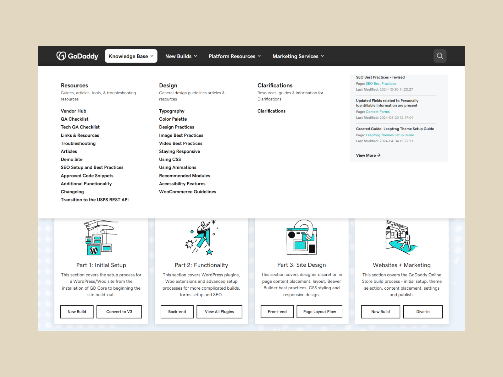 Knowledge Base mega menu open, spreading the Resources, Design and Clarifications sections across the page